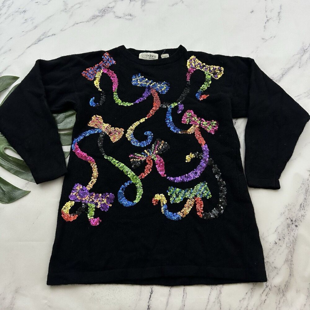 Cedars Womens Vintage 90s Sequin Bows Sweater Size M Lambswool Angora Sparkle